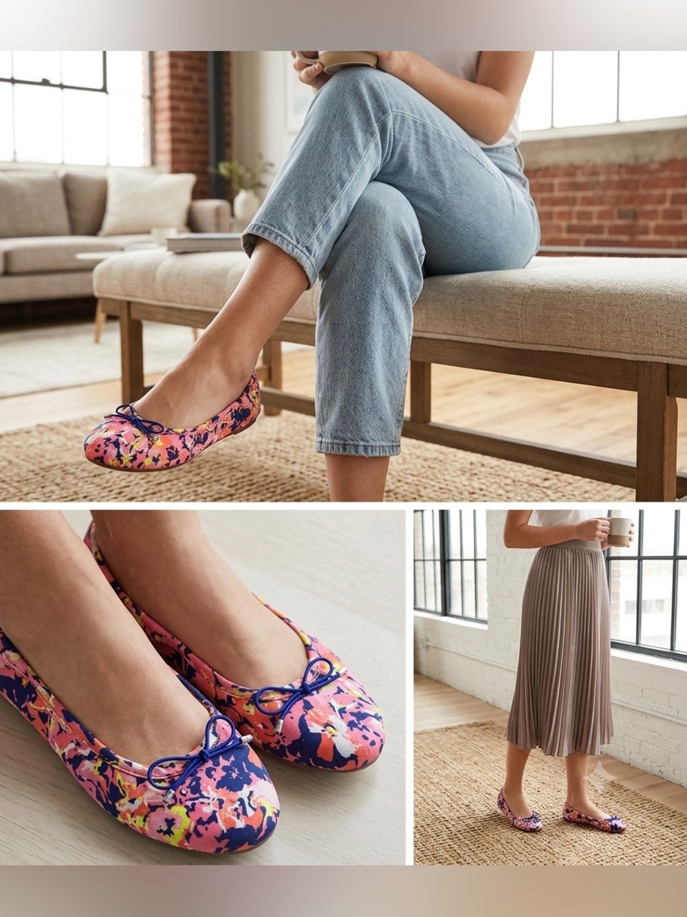 LOFT Pink Floral Print Ballet Flats with Navy Bow, Women’s Size 7